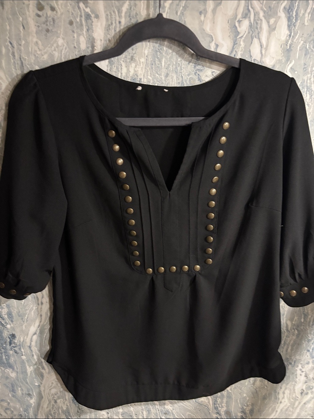Source Unknown Black V-Neck Blouse with Gold Studs